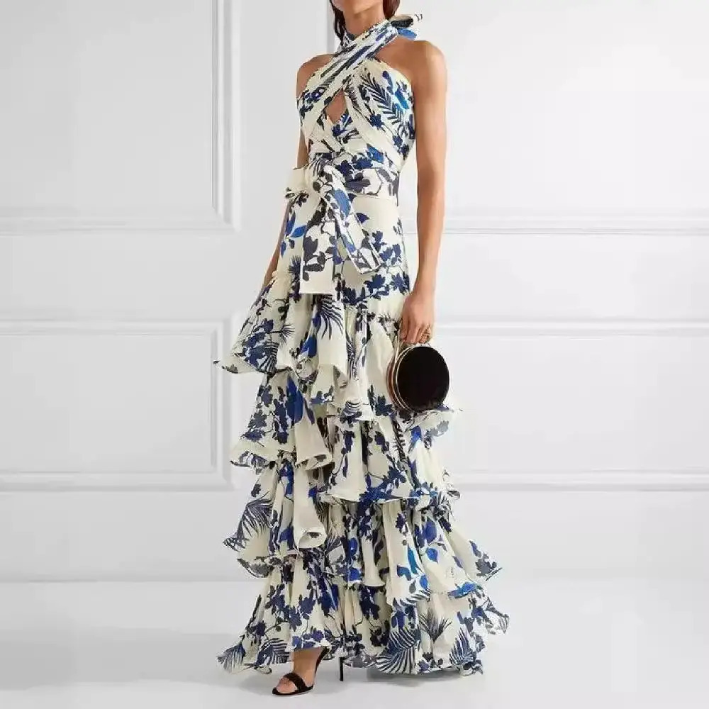 ZARA Boho Floral Print Flared Lace Up Dress